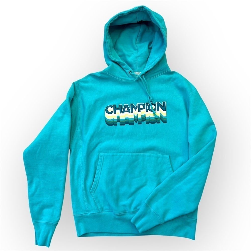 Champion Reverse Weave pullover hoodie, turquoise blue, graphic, pocket, size M